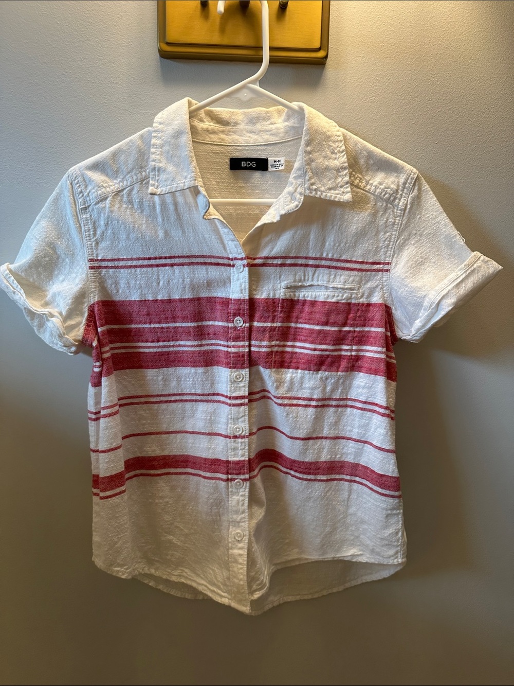 BDG White Short-Sleeve Button-Up Shirt with Red Stripes